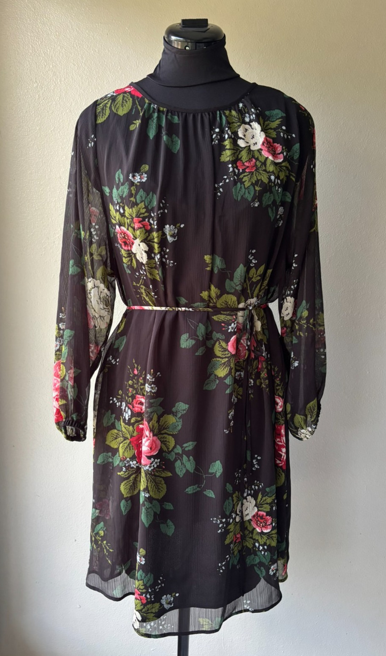 LOFT Black Romantic Floral Chiffon Tie Waist Dress – Size Small